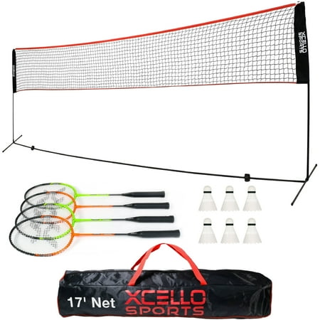 Xcello Sports Complete Badminton Sets for Backyard, Includes 17-foot Foldable Badminton Net, 4 Badminton Rackets, 6 Badminton Shuttlecocks and Carry Bag