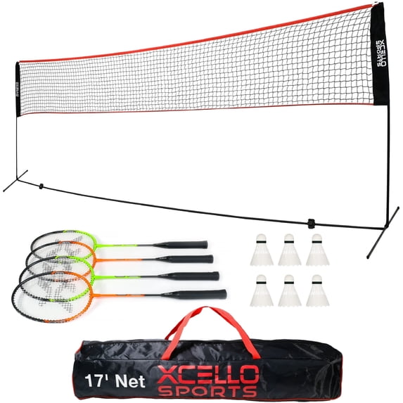 Xcello Sports Complete Badminton Sets for Backyard, Includes 17-foot Foldable Badminton Net, 4 Badminton Rackets, 6 Badminton Shuttlecocks and Carry Bag