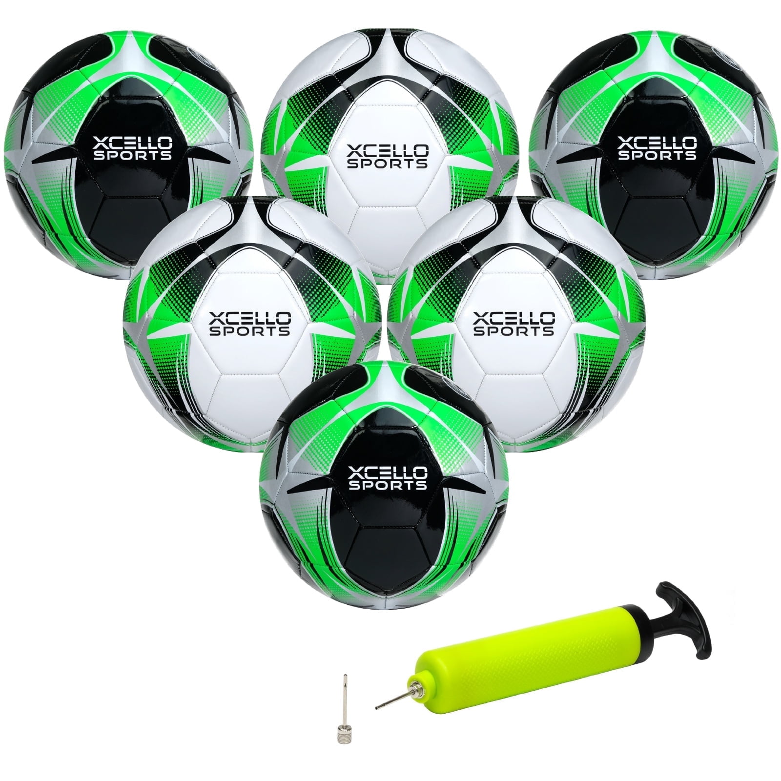 Xcello Sports Soccer Ball (Black/Green/Silver, White/Green/Silver) w/Pump (Size 3, Pack of 6)