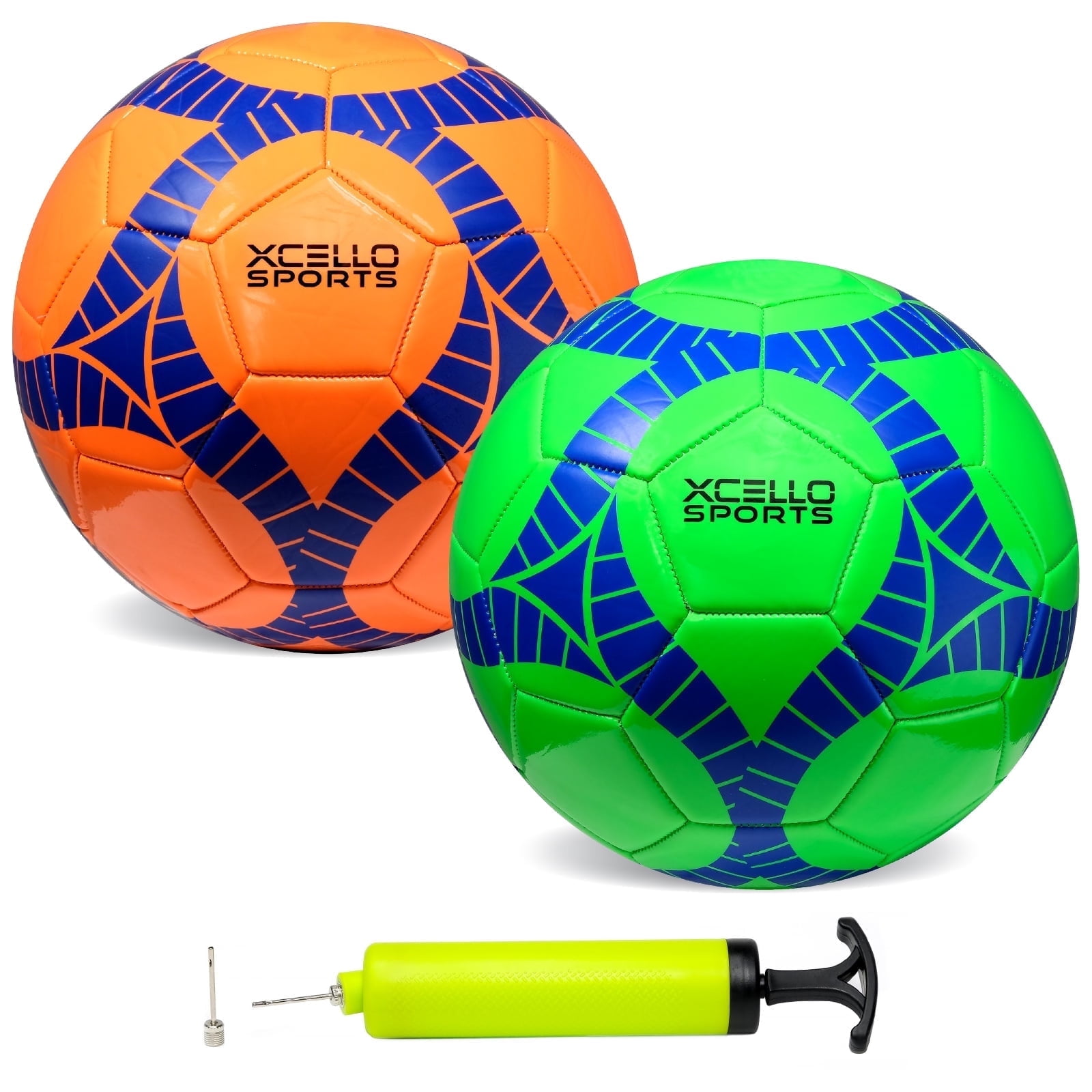 Xcello Sports Soccer Ball Size 4, Assorted Colors Youth Soccer Ball with Pump, Sports Balls Official Match Size and Weight, Orange, Green, Navy, Pack of 2