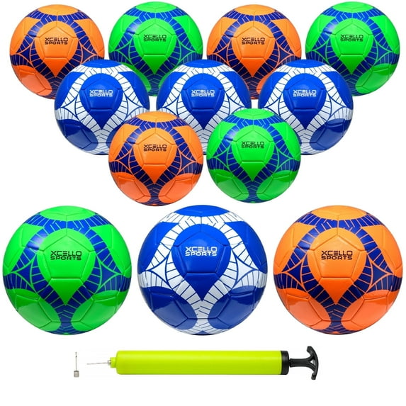 Xcello Sports Soccer Ball Size 4, Assorted Graphics Youth Soccer Ball with Pump, Sports Balls Official Match Size and Weight, Orange, Green, Navy, Pack of 12