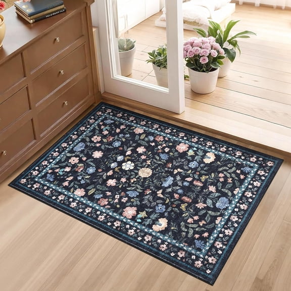 Xchearser 2x3 Floral Rugs for Entryway, Non-Slip Soft Vintage Throw Door Mat, Low Pile Foldable Farmhouse Carpet, Non-Shedding Indoor Washable Small Rug for Bedroom, Dark Grey Blue