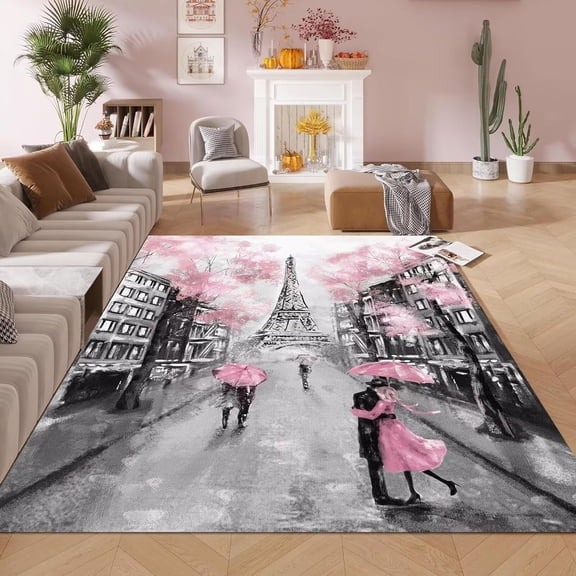 Xchearser 3 * 5 Feet Pink Paris Eiffel Tower Soft Area Rugs for Kids Girls Women French Style Couple Lover Flower Floor Carpet for Living Room Bedroom Dorms Nursery Rooms Home Decor Aesthetic