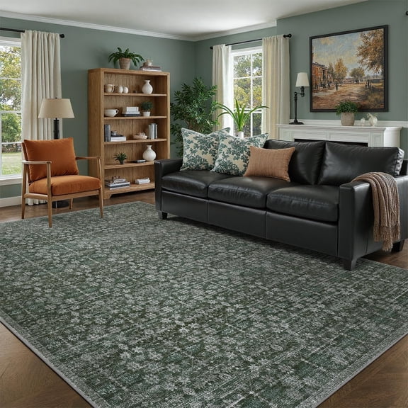 Xchearser 4x6 Neutral Rug, Kid & Pet Friendly with Rubber Back Non Slip, Machine Washable Stain Resistant Dark Blue and Green Floral Rug for Living Room, Bedroom, Soft Low Pile Large Nursery Carpet