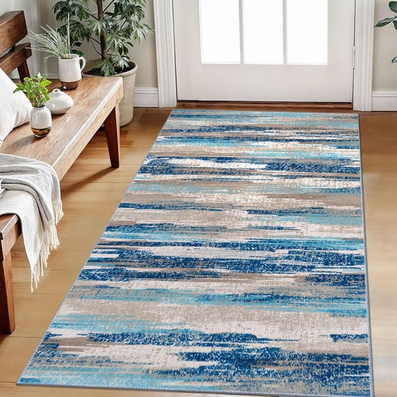 Xchearser Abstract Area Rug 3x5 Washable Rugs for Entryway, Non Slip Kitchen Rug Printed Faux Wool Throw Rugs, Soft Floor Carpet Front Door Rug, Door Mat for Entry Entrance Bedroom Office, Blue