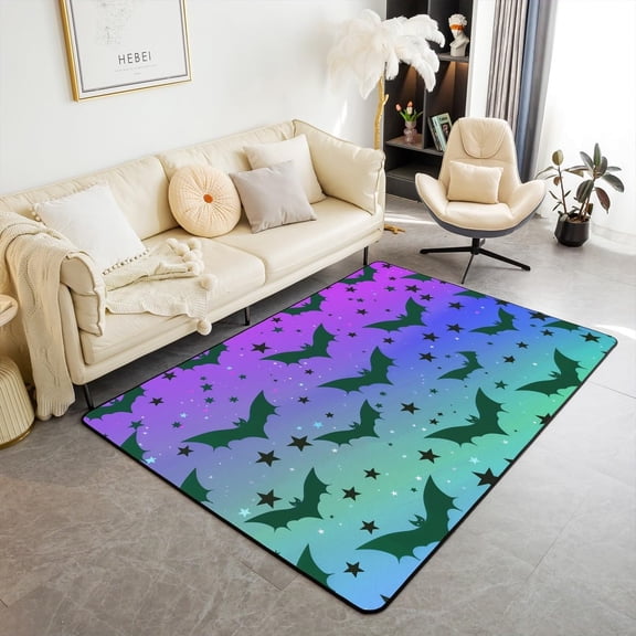 Xchearser Bats Area Rug 3x5, Animals Stars Halloween Kids Adults Rectangular Carpet for Living Room Bedroom, Rainbow Gradient Printed Non Slip Indoor Floor Mat, Purple Blue Festival Decorative Rug