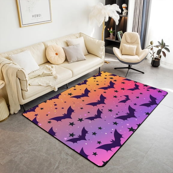 Xchearser Bats Area Rug 3x5, Halloween Animals Stars Non Slip Kids Boys Rectangular Carpet, Gradient Rainbow Printed Indoor Floor Mat for Bedroom Living Room, Orange Purple Festival Decorative Rug
