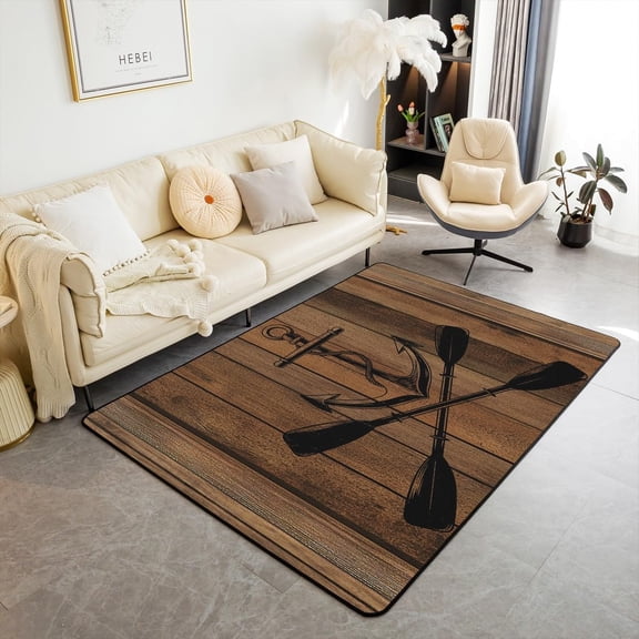 Xchearser Brown Retro Rustic Country Wooden Plaid Area Rug 3''x5'', Lake Life Paddle Go Boating Theme Non Slip Rug for Kids Boys Men,Nautical Anchor Indoor Floor Mat for Dining Room Backyard Decor