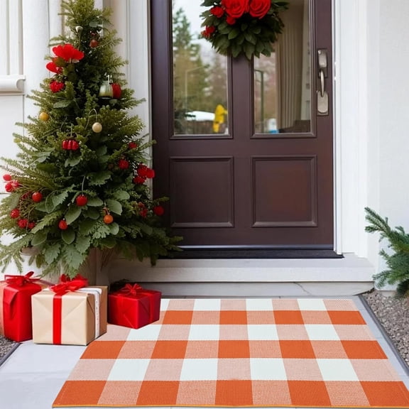 Xchearser Buffalo Check Plaid Doormat Orange and White 2''x3'' Hand Woven Cotton Plaid Rugs Farmhouse Layered Door Perfect for Front Door Porch Outdoor Rug