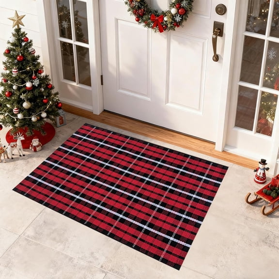 Xchearser Christmas Buffalo Plaid Rug 2''x3'' Red & White Check Front Doormat Checkered Layering Floor Mat for Hello/Welcome Hand Woven Cotton Rug for Front Door Porch Kitchen