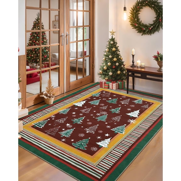 Xchearser Christmas Rug for Living Room, 6x9 Area Rugs for Bedroom with Soft Low Pile, Christmas Tree and Snowflake Print Washable Rug for Dining Room, Stain Resistant Office Playroom Red Carpet