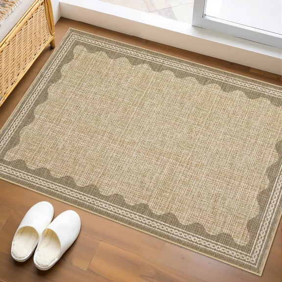 Xchearser Door Mat Indoor Rugs for Entryway Scalloped Solid Tan Jute Digital Printing Small Rug 2x3 Washable Non-Slip Modern Soft Low-Pile Carpet for Bedroom Kitchen Entrance