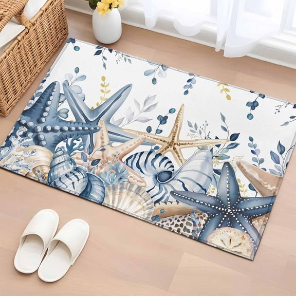Xchearser Entryway Rug 2''x3'', Blue Eucalyptus Coastal Small Rug for Kitchen Bathroom Door Mat Indoor Entrance, Beach Starfish Shell Nautical Non-Slip Area Rugs Floor Mats Carpet Front Door Rugs
