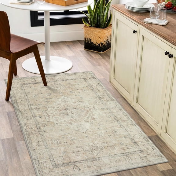 Xchearser Entryway Rug 3x5 Washable Area Rugs for Kitchen Bathroom, Non-Slip Front Door Mat for Bedroom, Boho Low-Pile Carpet Farmhouse Throw Indoor Mats for Bath Laundry Room, Tan