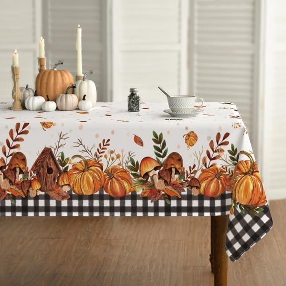 Xchearser Fall Tablecloth 60x84 Inch Rectangular, Thanksgiving Autumn Harvest Pumpkin Mushroom Black Buffalo Plaid Table Cover for Party Picnic Dinner Decor
