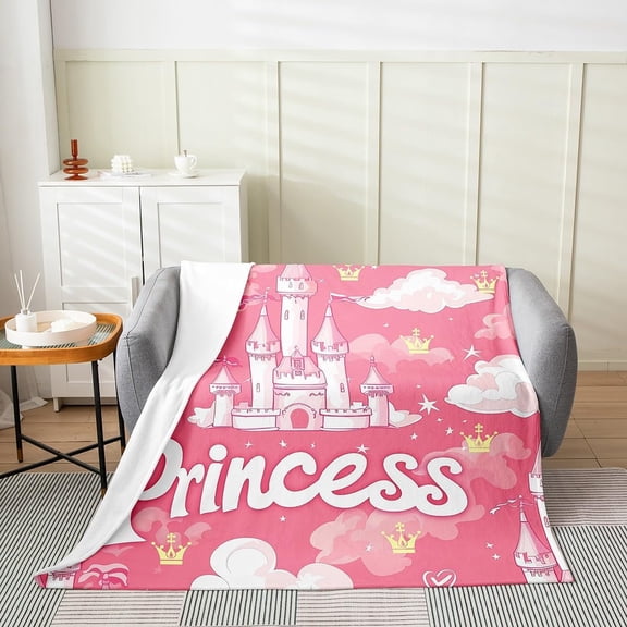 Xchearser Girls Princess Bed Blanket Pink Magical Castle Soft Microfiber Fuzzy Blanket Golden Crown Cloud Fleece Blanket Romantic Dreamy Theme Throw Blanket Throw 50X60