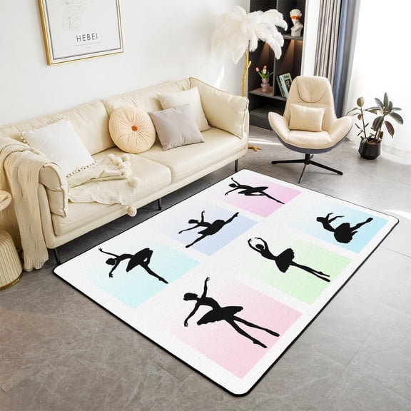 Xchearser Gorgeous Ballet Dancers Area Rug Watercolor Gradient Simple Plaid Non Slip Rug for Kids Girls Teens Black Lady Silhouette Dreamy Non Shedding Rug for Housewarming 100cm X 150cm X 1cm