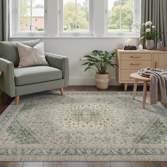 Xchearser Green 3x5 Entryway Rug, Machine Washable with Non Slip Backing Vintage Floral Rug Soft Low Pile, Stain Resistant for Entryway, Kitchen, Bathroom, Front Door
