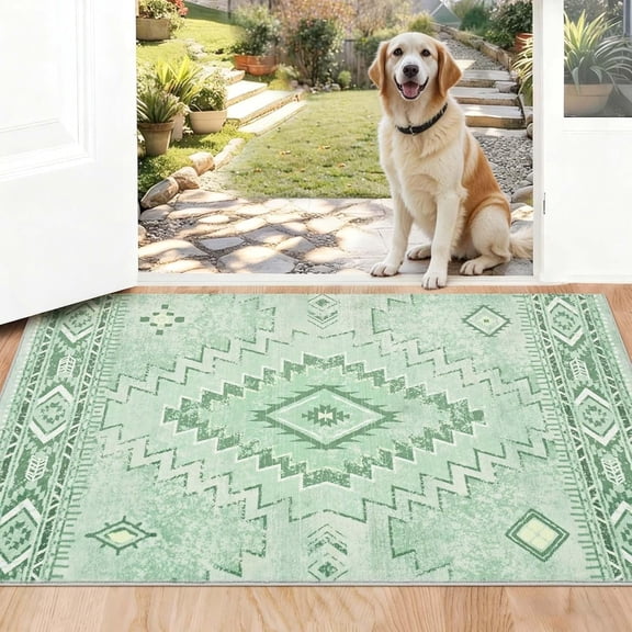 Xchearser Green Rug 2x3 Non Slip, Western Washable Rug Low-Pile, Soft Door Mat Indoor Entrance with Rubber Backing, Stain Resistant Moroccan Rugs for Bathroom Porch Hallway