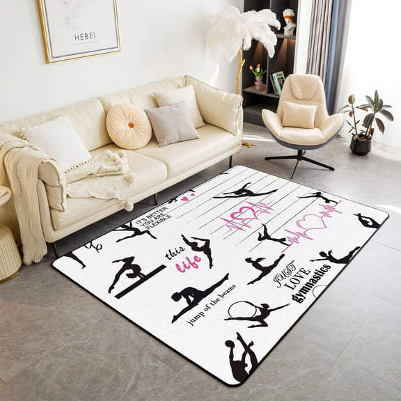 Xchearser Gymnastics Themed Area Rug Pink Hearts Lines Romantic Girly Non Slip Rug for Kids Gilrs Teens Ballet Dancers Silhouette Modern Indoor Floor Mat for Bedroom Chairs 100cm X 150cm X 1cm