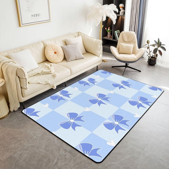 Xchearser Kids Bowknot Living Room Rugs Area Rug 3x5 Bow Rugs for Living Room Bedroom Boys Girls Blue Plaid Buffalo Check Love Heart Pattern Decorative Rug Fairy Princess Themed Indoor Floor Mat
