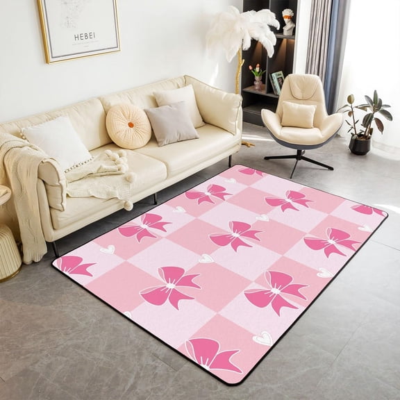 Xchearser Kids Bowknot Living Room Rugs Area Rug 3x5 Bow Rugs for Living Room Bedroom Boys Girls Pink Plaid Buffalo Check Love Heart Pattern Decorative Rug Fairy Princess Themed Indoor Floor Mat