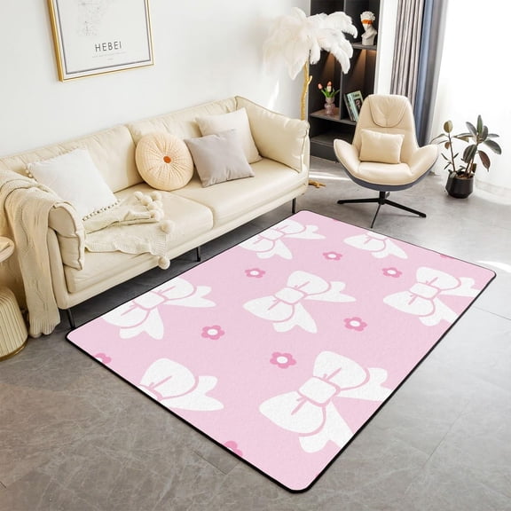 Xchearser Kids Bowknot Living Room Rugs Area Rug 5x7 Bow Rugs for Living Room Bedroom Boys Girls Daisy Blossom Flowers Floral Pattern Decorative Rug Fairy Princess Themed Indoor Floor Mat