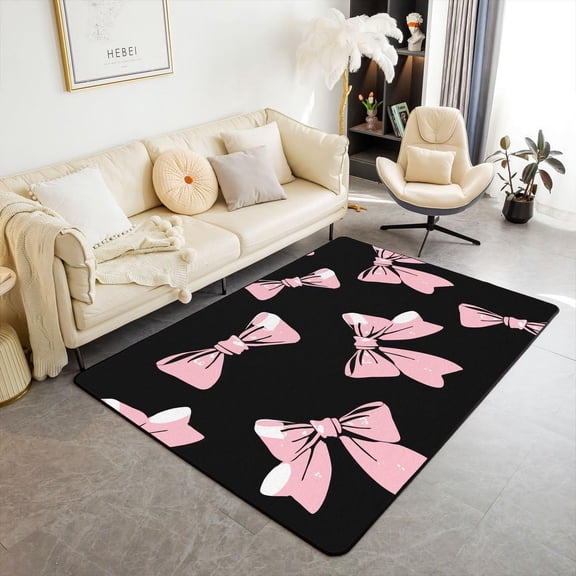 Xchearser Kids Bowknot Living Room Rugs Area Rug 5x7 Bow Rugs for Living Room Bedroom Boys Girls Fairy Princess Themed Decorative Rug Black Pink Indoor Floor Mat