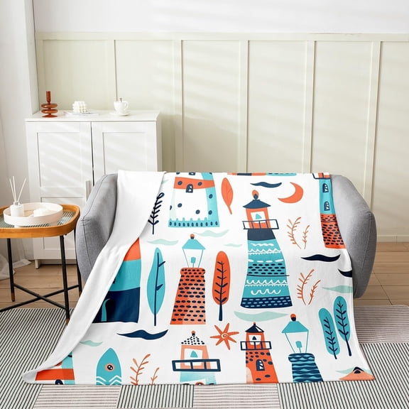 Xchearser Kids Lighthouse Fleece Blanket Cartoon Cute Trees Blanket with Corner Ties Kawaii Seaweed Coral Throw Blanket Nautical Nature Theme Fuzzy Blanket for Boys Girls Teens,40X50