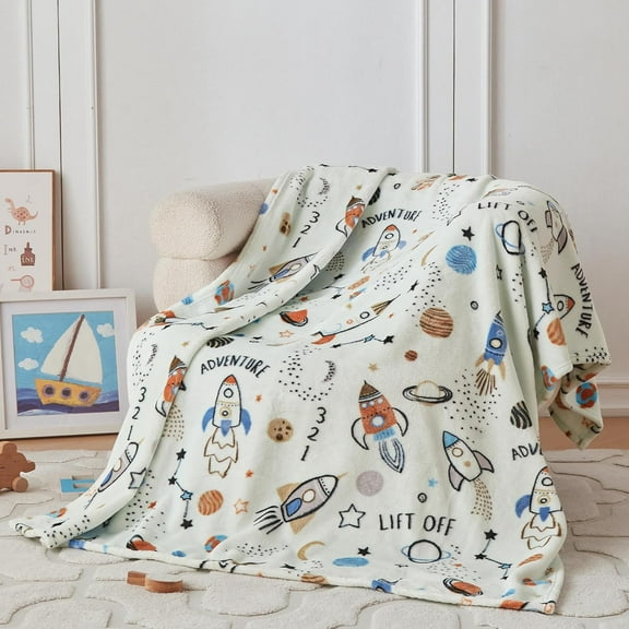 Xchearser Kids Throw Blanket 50x60 Inch - Cartoon Fleece Throw, Toys for 2 3 4 5 6 7 8 9 10 11 12 Year Old Girl and boy Gifts, Soft Kids Blankets for Christmas Halloween Birthday Gifts,Spaceship Green
