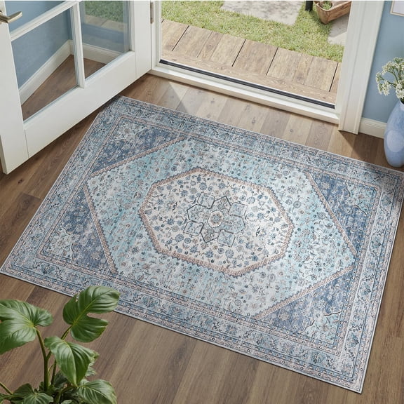 Xchearser Machine Washable Blue Entryway Rug 2x3, Non Slip Stain Resistant Vintage Floral Rug for Kitchen Bathroom Front Door Throw Rugs Indoor, Soft Low Pile Small Rugs for Entry