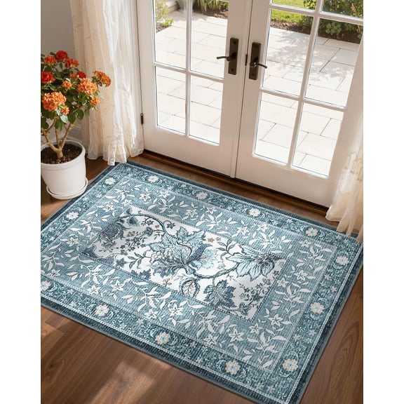 Xchearser Mist Blue 2x3 Door Mat Indoor Rugs for Entryway Provence Small Botanical Grove Cottagecore Washable Non-Slip Low-Pile Rug for Bedroom Kitchen Bathroom Entrance