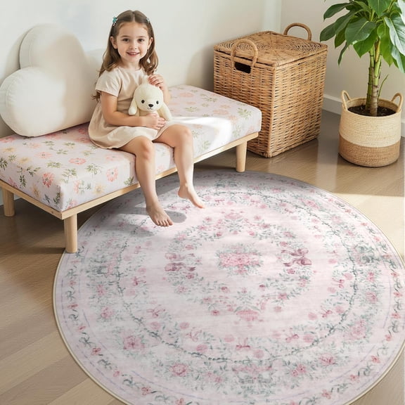 Xchearser Pink Washable Round Rugs 6ft, Bow Round Area Rug for Bedroom, Ultra-Thin Non Slip Soft Boho Floral Circle Carpet for Teen Girl Room Kids Nursery Living Room Decor, Light Pink