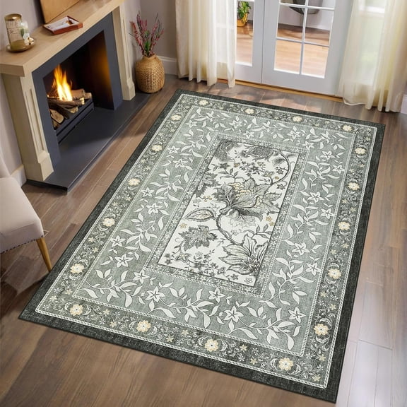 Xchearser Provence Botanical Grove 4x6 Rug Vintage Cottagecore Soft Gray Fog Green 4x6 Washable Rug for Bedroom Living Room Nursery Kitchen Entryway Indoor Mat
