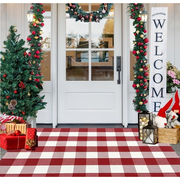 Xchearser Red and White Buffalo Plaid Rug 3''x5'', Christmas Front Porch Rug Cotton Hand-Woven Checkered Outdoor Rug Washable Layered Door Mats Carpet for Porch/Entryway