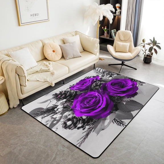 Xchearser Rose Floral Area Rugs 3x5, Girls Women Purple Rose Indoor Floor Mat, Romantic Botanical Flowers Carpet Non Slip, Famrhouse Style Living Room Rugs, 3D Printed Blossom Decorative Accent Rug