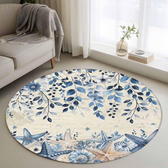 Xchearser Round Rug 4Ft Washable Non-Slip, Blue Coastal Starfish Circle Area Rugs for Living Room Bedroom, Beach Nautical Shell Eucalyptus Retro Indoor Floor Mats Carpet Runner for Home Decor
