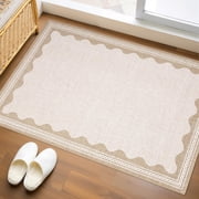 Xchearser Scalloped Door Mat Indoor Rugs for Entryway Small Rug 2x3 Washable Non-Slip Solid Beige Modern Soft Low-Pile Throw Carpet for Bedroom Kitchen Bathroom Entrance