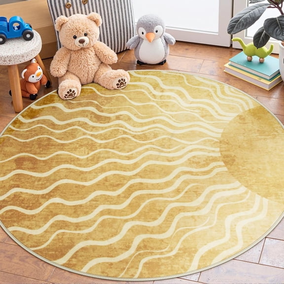 Xchearser Sun Round Rug 4ft, Boho Soft Circle Rug for Kids Playroom Nursery, Gradient Yellow Washable Round Carpet for Bedroom Non-Slip Circle Carpet for Living Room Classroom