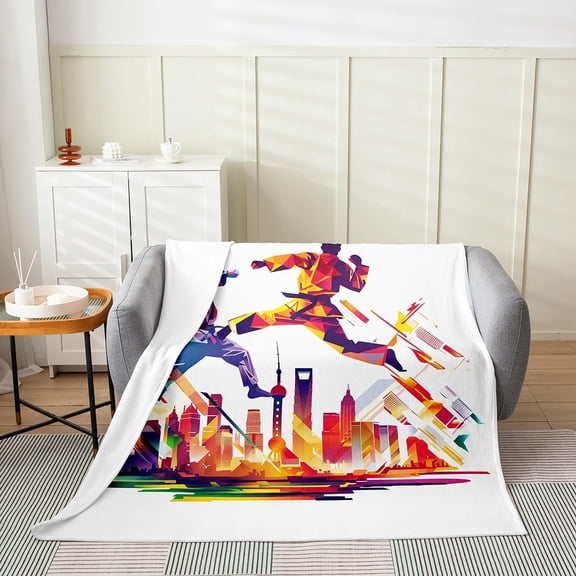 Xchearser Taekwondo Throw Blanket Japanese Dojo Martial Arts Bed Blanket Colorful Geometric Stripes Fuzzy Blanket Urban Landscape Fleece Blanket Twin 60X80