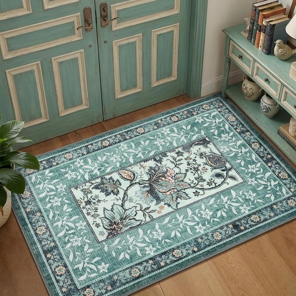 Xchearser Teal 2x3 Door Mat Indoor Rugs for Entryway Provence Small Botanical Grove Cottage core Washable Non-Slip Low-Pile Rug for Bedroom Bathroom Entrance TPE Backing