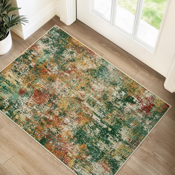 Washable Area Rugs 2''x3'' Non-Slip Modern Abstract Soft for Living Room Entryway Bedroom Nursery, Print Pattern, Green Orange Rust Red Cream Colorful