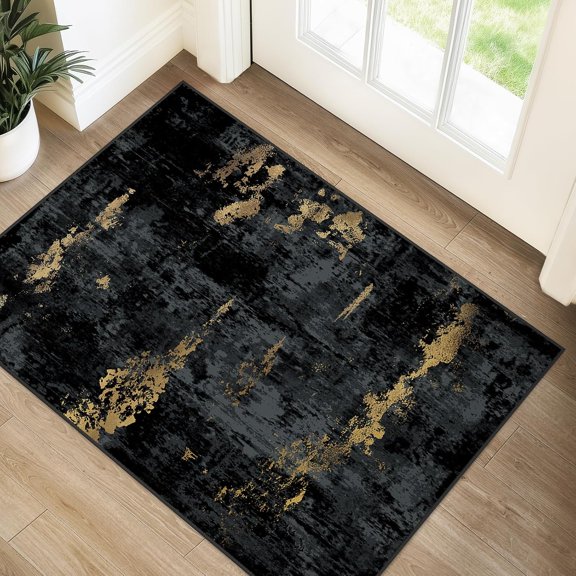 Washable Area Rugs 2''x3'' Non-Slip Modern Abstract Soft for Living Room Entryway Bedroom Nursery, Print Pattern, Dark Black Gold