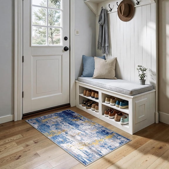 Xchearser Washable Area Rugs 2''x4'' Non-Slip Modern Abstract Soft for Living Room Entryway Bedroom Nursery, Print Pattern, Grey Blue Gold/Golden