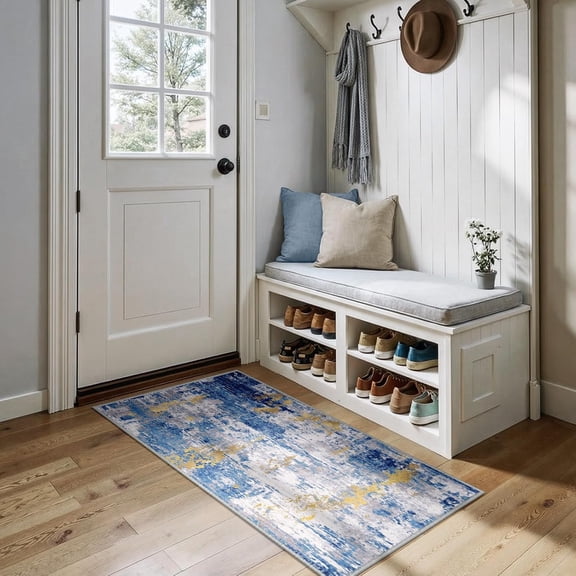 Washable Area Rugs 2''x5'' Non-Slip Modern Abstract Soft for Living Room Entryway Bedroom Nursery, Print Pattern, Grey Blue Gold/Golden