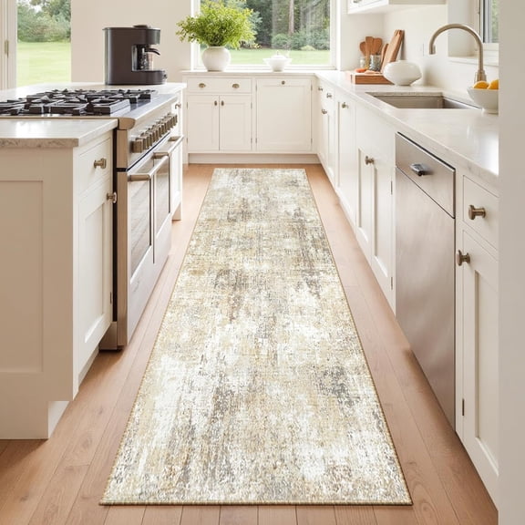 Washable Area Rugs 2''x6'' Non-Slip Modern Abstract Soft for Living Room Entryway Bedroom Nursery, Print Pattern, Neutral Brown Gray