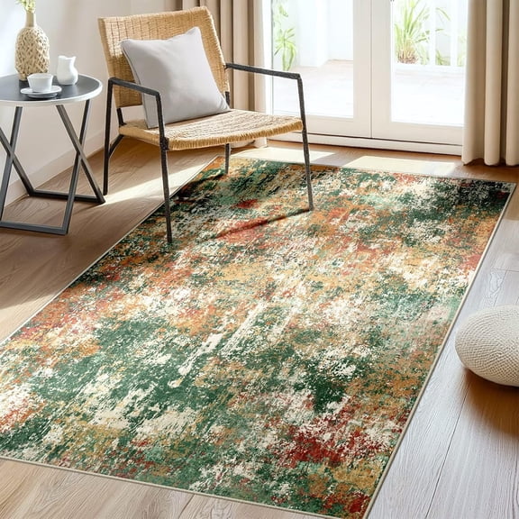 Washable Area Rugs 3''x5'' Non-Slip Modern Abstract Soft for Living Room Entryway Bedroom Nursery, Print Pattern, Green Orange Rust Red Cream Colorful