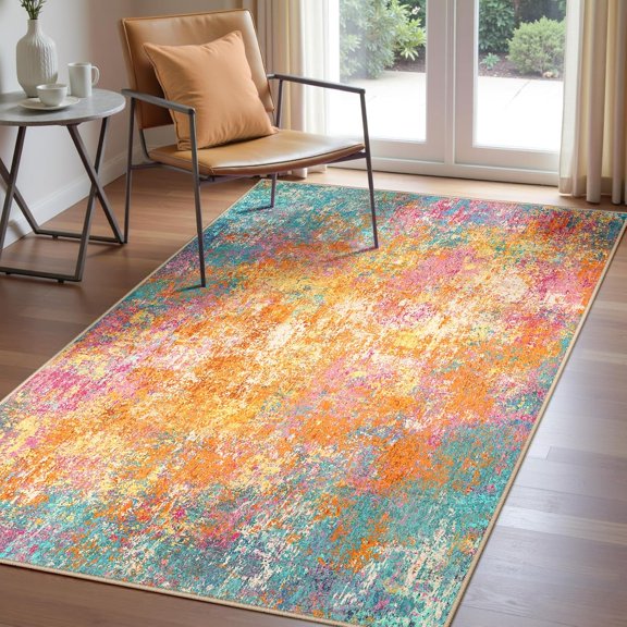 Washable Area Rugs 3''x5'' Non-Slip Modern Abstract Soft for Living Room Entryway Bedroom Nursery, Print Pattern, Orange Blue Pink Yellow Colorful
