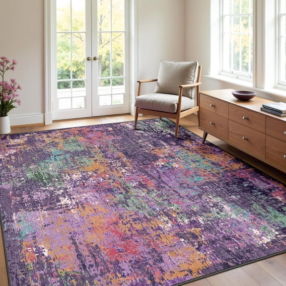 Washable Area Rugs 4''x6'' Non-Slip Modern Abstract Soft for Living Room Entryway Bedroom Nursery, Print Pattern, Purple Orange Blue Green Rust Red Colorful