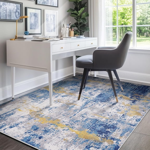 Xchearser Washable Area Rugs 4''x6'' Non-Slip Modern Abstract Soft for Living Room Entryway Bedroom Nursery, Print Pattern, Grey Blue Gold/Golden